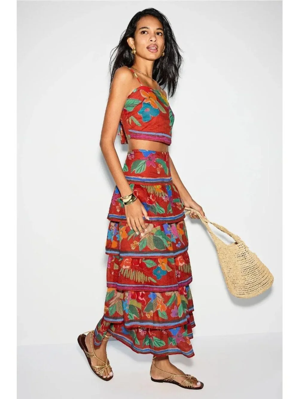 Marie Oliver Christie Floral Cotton Tiered Midi Skirt Womens Long